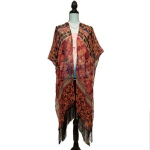 Faded Glory Kimono Tribal Fringe Scarf Wrap Wine